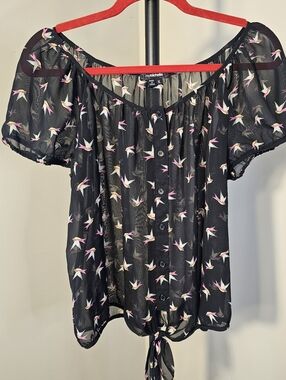 My Michelle XL Womens Sheer Blouse Black With Birds